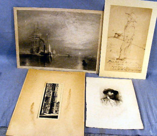 Lot including 19th century drawing of farmer, Joh: Lot including 19th century drawing of farmer, John Taylor Arms etching of cathedral, engraving of ships. Etching of Unger "Portrait of the Artist.