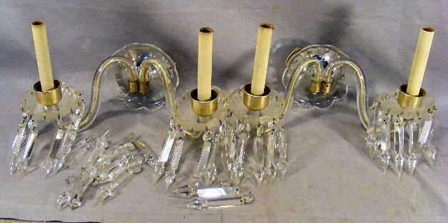 Pair of mid-century crystal wall sconces, 14.5" w: Pair of mid-century crystal wall sconces, 14.5" wide