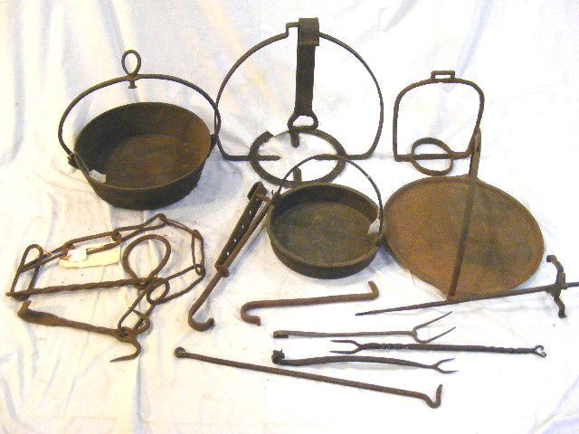 Antique wrought iron hearth items, chain trammel,: Antique wrought iron hearth items, chain trammel, pot hangers, forks, trammel, etc.
