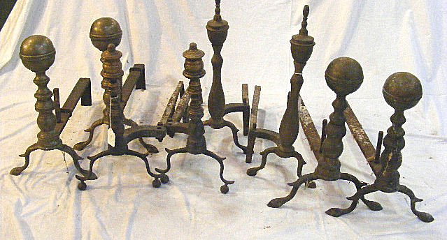 Collection of brass andirons, early to mid 19th C: Collection of brass andirons, early to mid 19th C. (2) pair peened and (2) pair bolted.