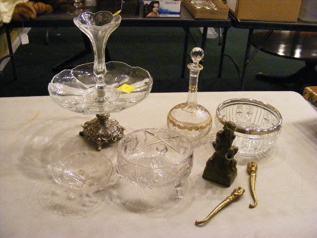 Lot of misc. glass, compote, salad bowl, decanter: Lot of misc. glass, compote, salad bowl, decanter & figural pen holder (Pan).