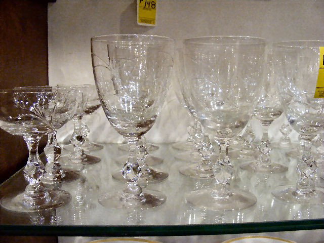 Clear stemware, 2 etched patterns. - 2