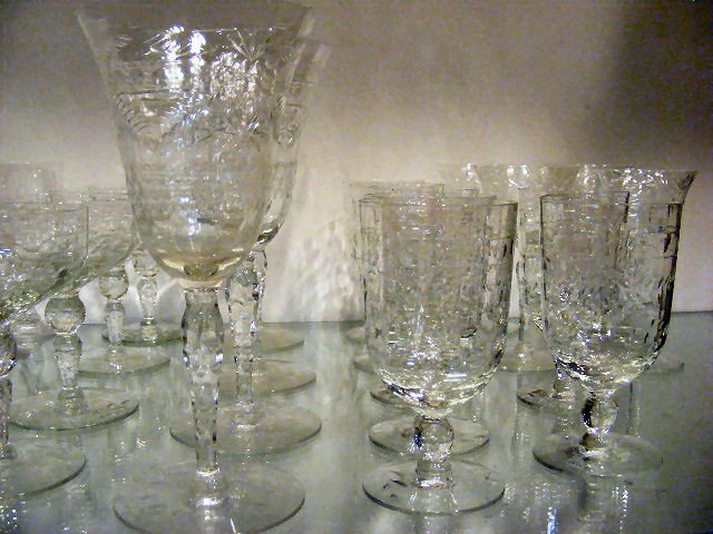 Clear stemware, 2 etched patterns. - 4