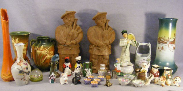 Lot including large milk glass vase, salt & peppe: Lot including large milk glass vase, salt & pepper shakers, fiber bottle holders ( cracks ), two Roseville vases with chips on rims, paperweight, etc.