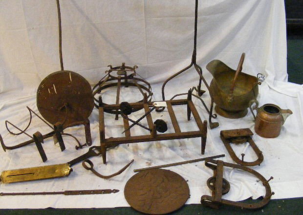 Lot of misc. iron & brass, wagon step, pulleys, c: Lot of misc. iron & brass, wagon step, pulleys, coal hod, scale, fire place stand, candle holder, etc.