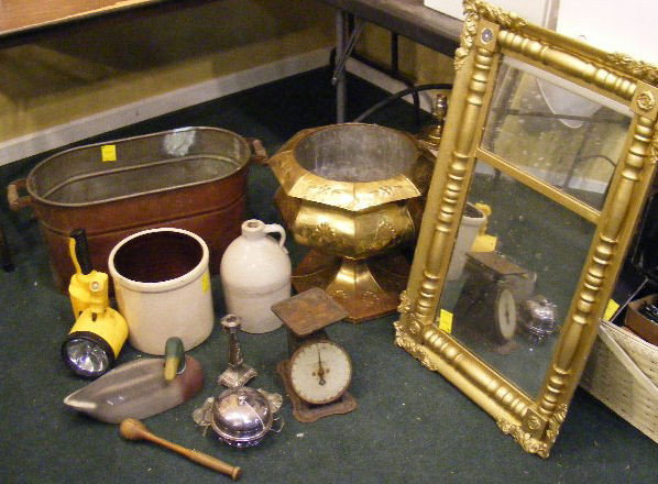 Misc. lot, Sheraton mirror- repainted, brass plan: Misc. lot, Sheraton mirror- repainted, brass planter- as is, copper boiler (no lid), stoneware, decoy, flashlights, etc.