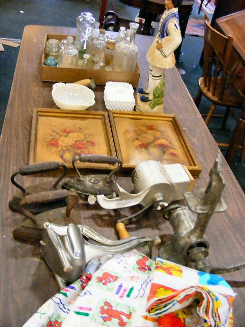 Lot including figural bottle, bottles, flat irons: Lot including figural bottle, bottles, flat irons, grinders, etc.