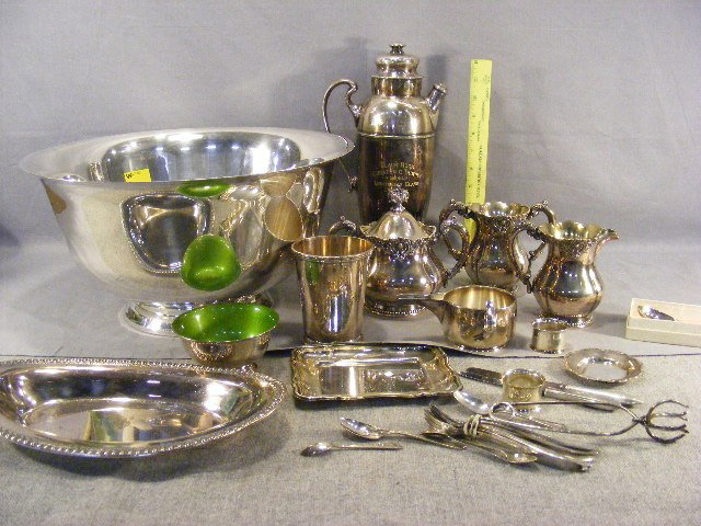 Lot of silver plate including, cocktail shaker tro: Lot of silver plate including, cocktail shaker trophy, creamer, sugar, waste bowl, punch bowl, julep cup, flatware, etc.