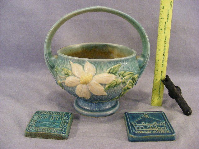 Roseville pottery basket #389, and two Pewabic: Roseville pottery basket #389 - 10" and two Pewabic Pottery 3.75" tiles 2001& 2002