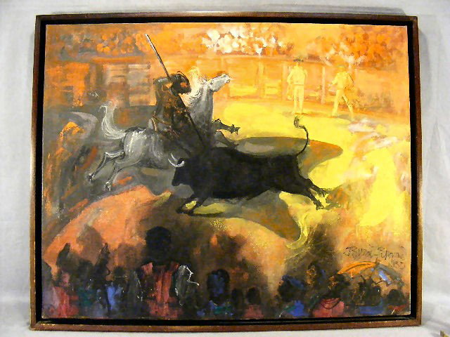 Oil painting on canvas, Byron Browne "La Corrida": Oil painting on canvas, Byron Browne "La Corrida", bullfighter, 1958, 24" X 30" image (not 20 X 26 as written on reverse), crackeling to yellow
