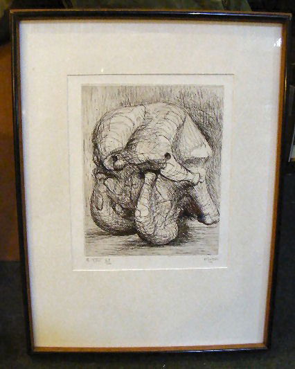 Henry Moore etching, "Elephant Head", 9" X 11" im: Henry Moore etching, "Elephant Head", 9" X 11" image, 48 of 100