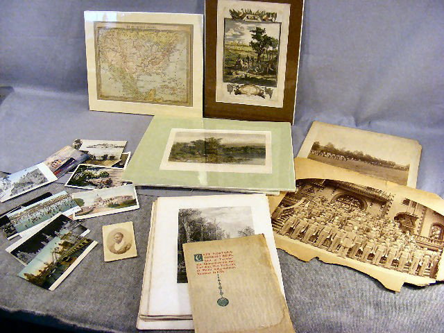 Lot of ephemera, 19th C. prints, map, Captain Nor: Lot of ephemera, 19th C. prints, map, Captain Norton's orderly book (1898), cdv of black woman. 20th C postcards, photo of JFK, Gene Autry signed Sing Cowboy, Sammy Davis Jr. autograph, British people
