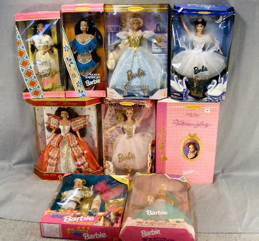 Barbie doll lot, circa 1990's- 2000's. 9pcs. Vict: Barbie doll lot, circa 1990's- 2000's. 9pcs. Victorian Lady, Happy Holiday, Rapunzel, Sugar Plum Fairy, etc.