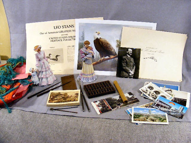 Misc. lot, Lenox figurines, Hitler photo, chopsti: Misc. lot, Lenox figurines, Hitler photo, chopsticks, postcards, abacus, Leo Stans prints, Colt prints, shawl, etc.