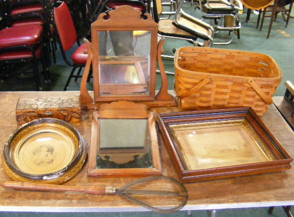 Misc. lot including shaving mirror, pine mirror, : Misc. lot including shaving mirror, pine mirror, picnic basket, glove box, rug beater, two Victorian frames