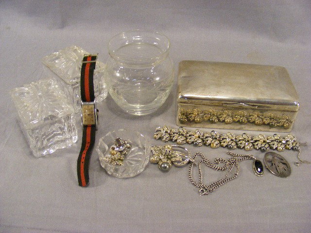 Misc. lot, Continental silver box, rhinestone jew: Misc. lot, Continental silver box, rhinestone jewelry, Venus wristwatch, glassware (one lid is chipped).