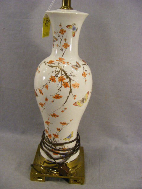 Asian lamp, prunis & butterflies, brass base. 21": Asian lamp, prunis & butterflies, brass base. 21" to top of socket.