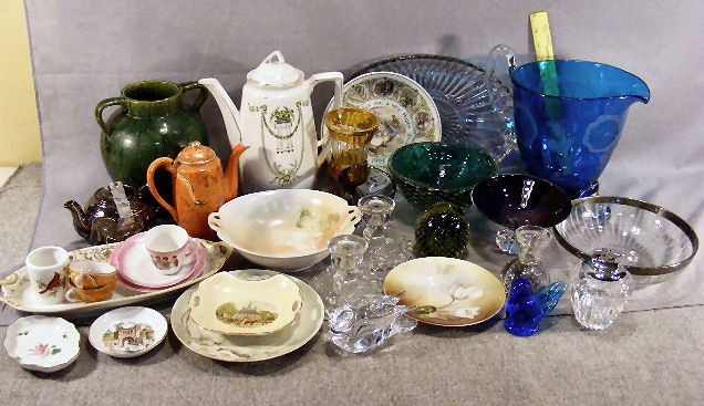 2 boxes of glassware, pottery & porcelain. Green: 2 boxes of glassware, pottery & porcelain. Green glazed double handled vase, KPM tea pot, Nippon, 1993 Wedgwood rabbit plate, cut glass blue footed pitcher, art glass bowl, paper weights, purple glass