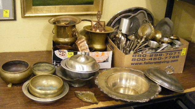 Silverplate, brass & pewter. Small Asian tray w/ : Silverplate, brass & pewter. Small Asian tray w/ bird & tiger, trays, stemware, bowls, serving dishes, etc.
