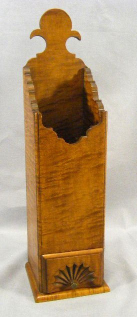 Eldred Wheeler tiger maple pipe box, 16.5" high, fa: Eldred Wheeler tiger maple pipe box, 16.5" high, fan carved drawer