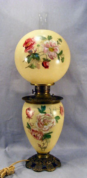 Gone with the Wind oil lamp, electrified, 25.5" to: Gone with the Wind oil lamp, electrified, 25.5" to top of globe, 9" dia. Shade, paint crisp & unworn, no chips or cracks