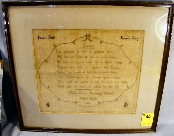 School Girl sampler, West-Town Boarding School, Ma: School Girl sampler, West-Town Boarding School, Mary Baily, dated 1809, Elisha Baily, Hannah Baily. Frame measures 18" x 16.5"