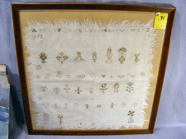 1793 sampler, letters, crowns, birds, hearts and f: 1793 sampler, letters, crowns, birds, hearts and flowers, frame size is 19" x 19" There are no stitches for the "U" in the alphabet and no stitching for the "1" in 1793