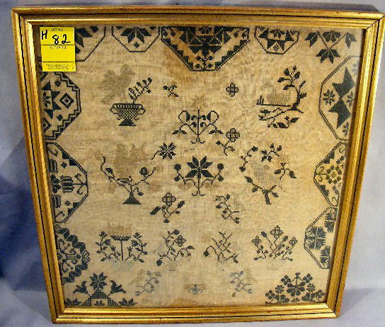 1806 sampler, Phebe (?), dark & light thread, flow: 1806 sampler, Phebe (?), dark & light thread, flowers, urns & geometric designs. Some staining & faded colors. Frame measures 16" x 17"