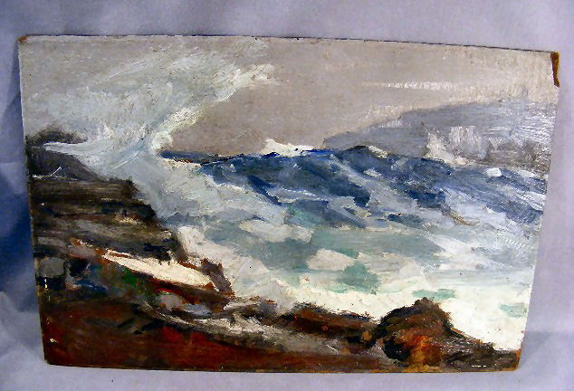 John Hall Connaway painting, possibly Monhegan Isl: John Hall Connaway painting, possibly Monhegan Island Maine, coastal scene, unsigned, estate stamp on back, oil on Masonite, unframed, 12" x 18" chipped corner at the top right. (We have 3 paintings f