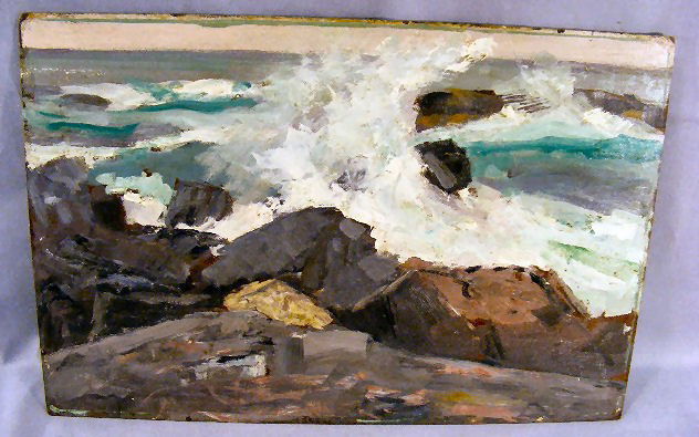 John Hall Connaway painting, possibly Monhegan Isl: John Hall Connaway painting, possibly Monhegan Island Maine, coastal scene, unsigned, estate stamp on back, oil on Masonite, unframed, 12" x 18" (We have 3 paintings from the same estate, large one is