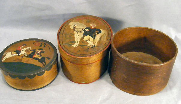 2 pantry boxes, folk art paintings of George Washi: 2 pantry boxes, folk art paintings of George Washington & gain measure w/ New Hampshire retailor stamp inside. Oval box is 9" long.