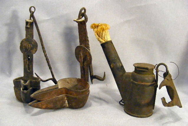 3pcs. 2 iron grease lamps / Betty lamps, & unsigne: 3pcs. 2 iron grease lamps / Betty lamps, & unsigned miners lamp tag #176. (One Betty lamp is missing slide).