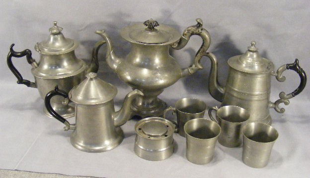 Collection of antique pewter. Inkwell, tea pots, c: Collection of antique pewter. Inkwell, tea pots, coffee pots & 4 cups. F Porter Westbrook #2, Roswell Gleason, G Richardson, no markings on inkwell or cups.