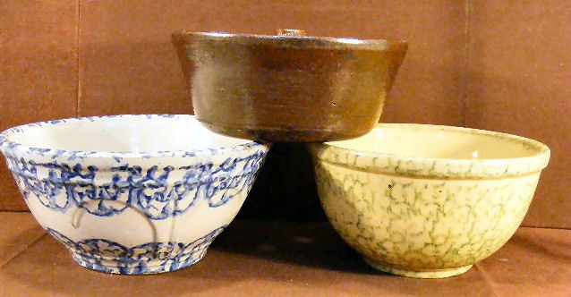 Lot including redware food mold (glaze flakes), b: Lot including redware food mold (glaze flakes), blue & white spongeware mixing bowl and yellow and green spongeware mixing bowl with chip on outer edge.