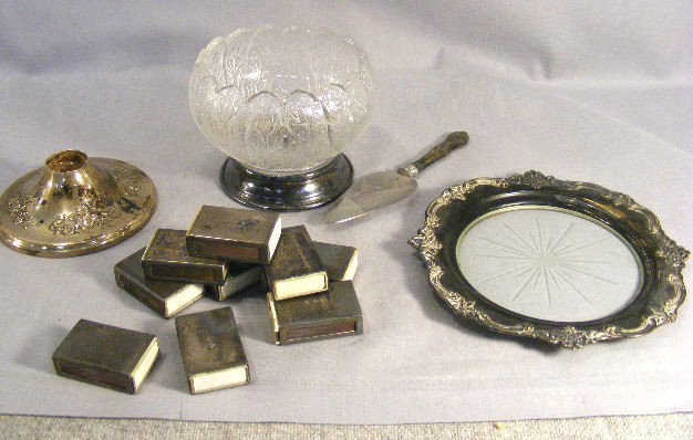 Sterling lot, Tiffany & Co. matchbox holders, wei: Sterling lot, Tiffany & Co. matchbox holders, weighted base, glass & sterling tray & bowl & pastry server.