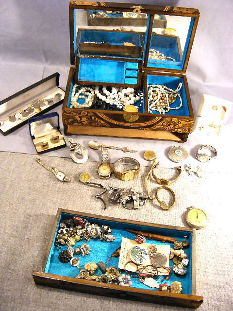Costume jewelry & box. Wristwatches, pocket watch: Costume jewelry & box. Wristwatches, pocket watch (Gruen, Waltham, Timex, Seiko, Benrus, etc.). Sterling charm bracelet, stickpins, cufflinks, compact, earrings, necklaces, etc.