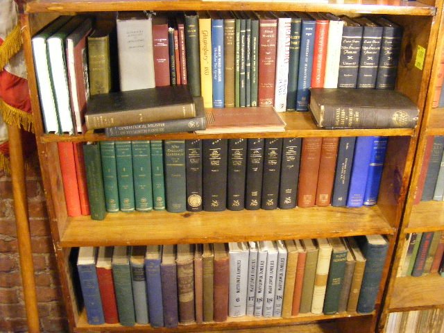 3 shelves of Genealogical books- James Savage. Ma: 3 shelves of Genealogical books- James Savage. Mayflower Families Through Five Generations- Stephen Hopkins. Town of Durham N.H., Ancient Dover N.H., Genealogical Register of Plymouth Families, etc.