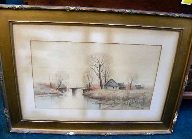 Framed watercolor, signed C.F. Shuck, cottage by : Framed watercolor, signed C.F. Shuck, cottage by river. Frame has damage, foxing on mat. 33" x 24.5"