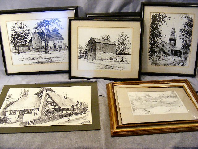 Warren A. Hitchcock pen & ink drawings of Wethers: Warren A. Hitchcock pen & ink drawings of Wethersfield buildings, circa 1968. 4 works by Hitchcock plus 2pcs, Avon & Ironworks. Included is a pen & ink drawing of the "Webb House". It was used as an i