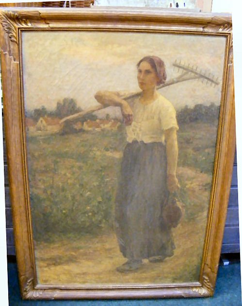 Oil on canvas, signed H. Guinier, (Henri Jules Gu: Oil on canvas, signed H. Guinier, (Henri Jules Guinier), 44" x 32" frame, farm woman on path, paint has crackling.