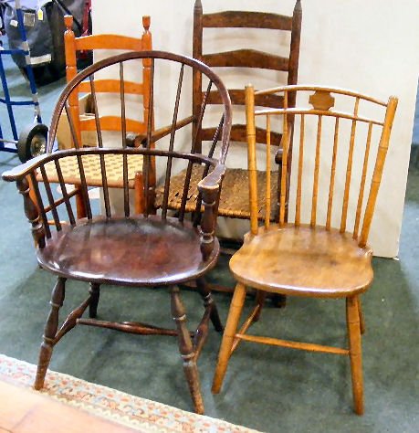 4 chairs. 2 reproduction Windsor chairs & 2 antiq: 4 chairs. 2 reproduction Windsor chairs & 2 antique ladder back chairs.