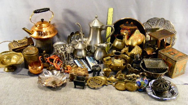 Metal items, brass camels, copper tea pot, Web Pe: Metal items, brass camels, copper tea pot, Web Pewter, cross pens & pencils, brass bowls, pewter figures- Petitto 1986, silverplate, etc.
