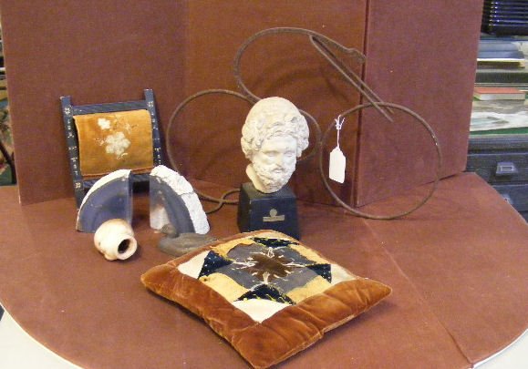 Bookends, bicycle sculpture, carved duck, Greek: Bookends, bike sculpture, carved duck, Greek bust, Victorian wall pocket, pillow, etc.
