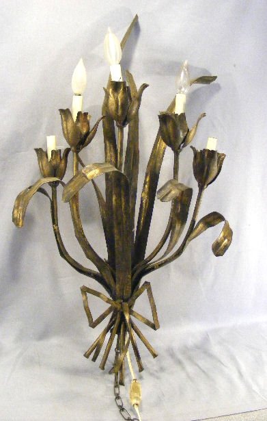 1950's wall sconce, floral w/ bow. Sheet metal. 3: 1950's wall sconce, floral w/ bow. Sheet metal. 32" tall.