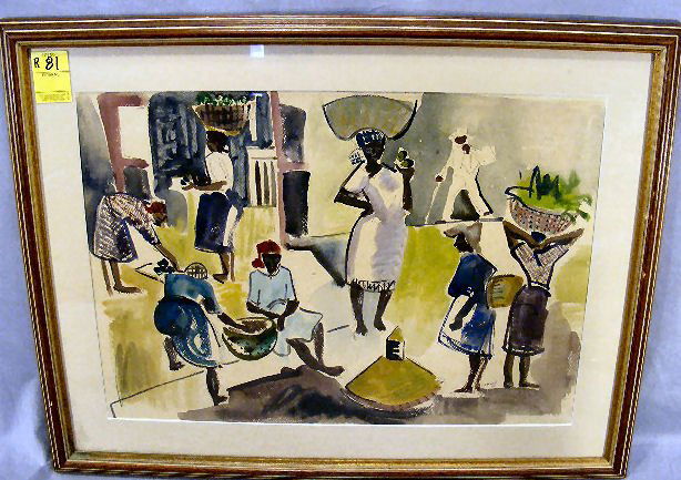 Watercolor, Haitian market scene, signed L. Lazar: Watercolor, Haitian market scene, signed L. Lazar (?), frame measures 26.5" x 19.5"