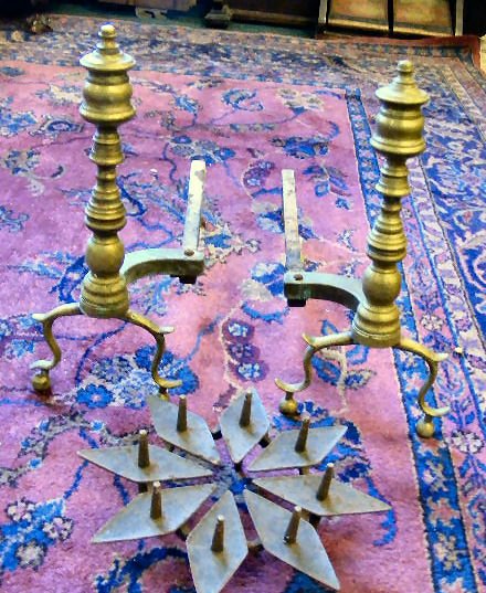 Antique brass andirons & iron trivet. Andirons are: Antique brass andirons & iron trivet. Andirons are 16" tall.