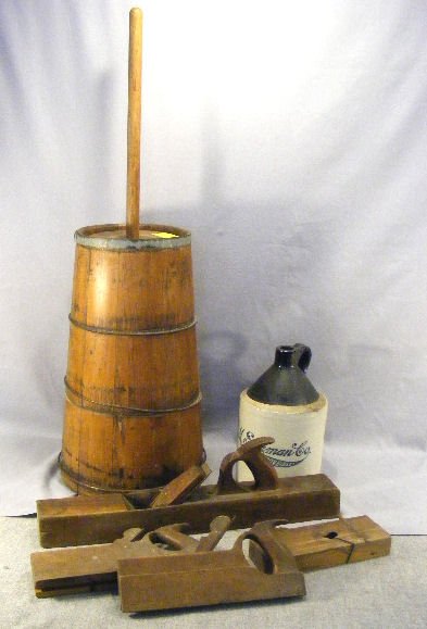 Primitive lot, butter churn, M. Salzman Co. jug, 3: Primitive lot, butter churn, M. Salzman Co. jug, 3 molding planes & block plane.
