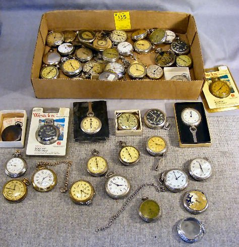 Collection of pedometers & pocket watches, parts,: Collection of pedometers & pocket watches, parts, etc. Westclox, New Haven, Paragon, etc.