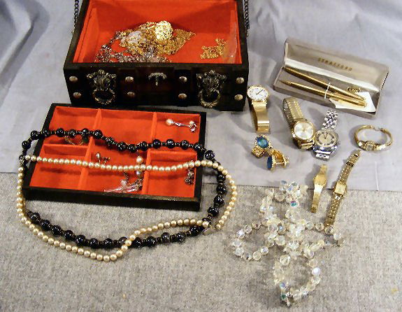 Jewelry chest & costume jewelry, earrings, tie ta: Jewelry chest & costume jewelry, earrings, tie tacs, cuff links, men's wristwatches ( 1978 Pratt & Whitney presentation watch, Bulova Accutron), Stratford pen & pencil, ladies watches, necklaces, etc.