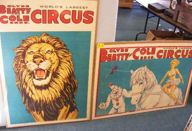 2 circus posters. Clyde Beatty and Cole Bros. WOR: 2 circus posters. Clyde Beatty and Cole Bros. WORLD"S LARGEST CIRCUS. Globe Poster Corp. Chicago, Ill c.f. 593 Both posters measure 41" x 28"